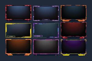 Stylish streaming overlay set decoration with neon effects. Online gaming screen border bundle vector with orange, purple, and red colors. Futuristic broadcast gaming panel design collection for gamer