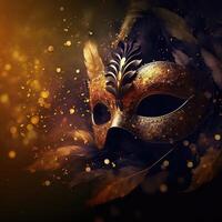 Realistic luxury carnival mask with yellow feathers. Abstract blurred background, gold dust, and light effects. photo