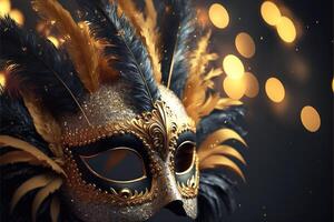 Realistic luxury carnival mask with yellow feathers. Abstract blurred background, gold dust, and light effects. photo