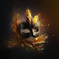 Realistic luxury carnival mask with yellow feathers. Abstract blurred background, gold dust, and light effects. photo