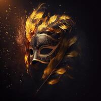 Realistic luxury carnival mask with yellow feathers. Abstract blurred background, gold dust, and light effects. photo