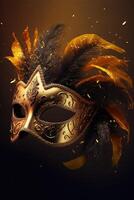 Realistic luxury carnival mask with yellow feathers. Abstract blurred background, gold dust, and light effects. photo