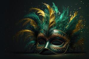 Realistic luxury carnival mask with green feathers. Abstract blurred green background, gold dust, and light effects. . photo