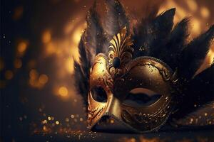 Realistic luxury carnival mask with yellow feathers. Abstract blurred background, gold dust, and light effects. photo