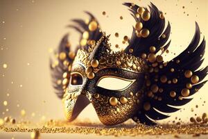 Realistic luxury carnival mask with yellow feathers. Abstract blurred background, gold dust, and light effects. photo