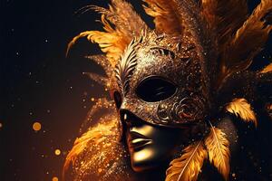 Realistic luxury carnival mask with yellow feathers. Abstract blurred background, gold dust, and light effects. photo