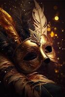 Realistic luxury carnival mask with yellow feathers. Abstract blurred background, gold dust, and light effects. photo