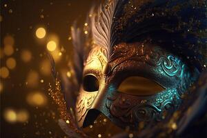 Realistic luxury carnival mask with yellow feathers. Abstract blurred background, gold dust, and light effects. photo