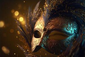 Realistic luxury carnival mask with yellow feathers. Abstract blurred background, gold dust, and light effects. photo