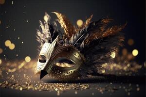 Realistic festive background with ornate masquerade carnival mask, feathers, sequins and confetti. photo