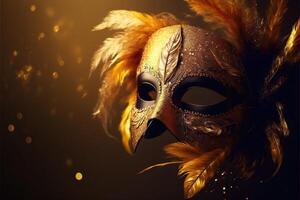 Realistic luxury carnival mask with yellow feathers. Abstract blurred background, gold dust, and light effects. photo