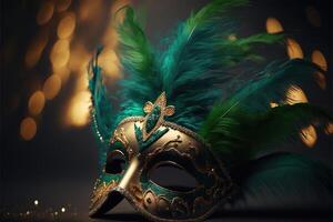 realista lujo carnaval máscara con verde plumas. resumen borroso verde fondo, oro polvo, y ligero efectos generativo ai. foto