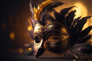 Realistic luxury carnival mask with yellow feathers. Abstract blurred background, gold dust, and light effects. photo