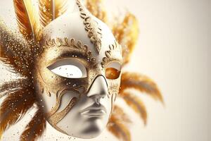 Realistic luxury carnival mask with feathers, gold dust, and light effects. . photo