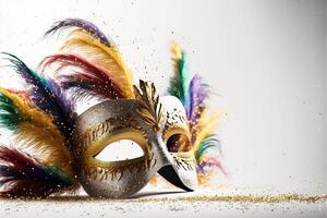 Realistic luxury carnival mask with feathers, gold dust, and light effects. . photo