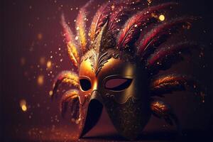 Realistic luxury carnival mask red festive background.. Abstract blurred backdrop, gold dust, and light effects. photo