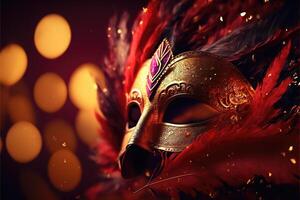 Realistic luxury carnival mask red festive background.. Abstract blurred backdrop, gold dust, and light effects. photo