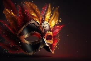 Realistic luxury carnival mask red festive background.. Abstract blurred backdrop, gold dust, and light effects. photo