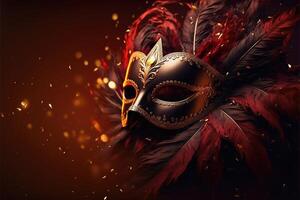 Realistic luxury carnival mask red festive background.. Abstract blurred backdrop, gold dust, and light effects. photo