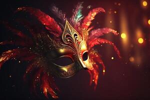 Realistic luxury carnival mask red festive background.. Abstract blurred backdrop, gold dust, and light effects. photo