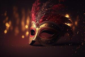 Realistic luxury carnival mask red festive background.. Abstract blurred backdrop, gold dust, and light effects. photo