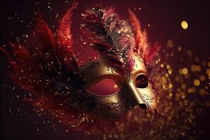 Realistic luxury carnival mask red festive background.. Abstract blurred backdrop, gold dust, and light effects. photo