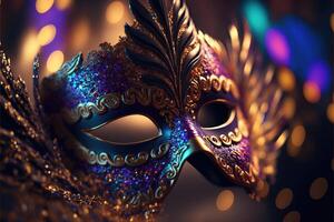 realista lujo carnaval máscara con vistoso plumas. resumen borroso fondo, oro polvo, y ligero efectos generativo ai. foto