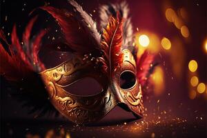 Realistic luxury carnival mask red festive background.. Abstract blurred backdrop, gold dust, and light effects. photo