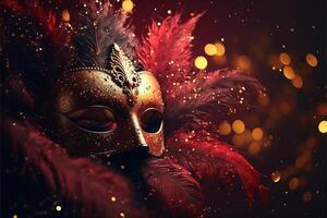 Realistic luxury carnival mask red festive background.. Abstract blurred backdrop, gold dust, and light effects. photo