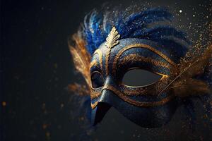 Realistic luxury carnival mask with blue feathers. Abstract blurred background, gold dust, and light effects. photo