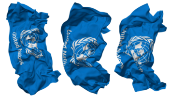 unido naciones, Naciones Unidas bandera olas aislado en diferente estilos con bache textura, 3d representación png