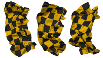 Preto e amarelo corrida xadrez bandeira ondas isolado dentro diferente estilos com colisão textura, 3d Renderização png