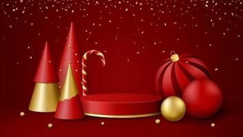 Christmas 3d scene with red and gold podium platform, balls, candy and Christmas trees. vector