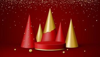 Christmas 3d scene with red and gold podium platform, Christmas trees and confetti. vector