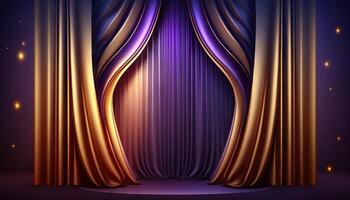 Blue purple Golden Curtain Stage Award Background. Trophy on Red Carpet Luxury Background. photo