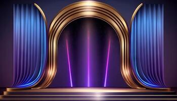 Blue purple Golden Curtain Stage Award Background. Trophy on Red Carpet Luxury Background. photo