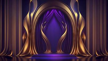 Blue purple Golden Curtain Stage Award Background. Trophy on Red Carpet Luxury Background. photo