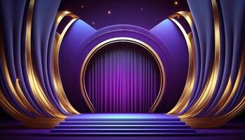 Blue purple Golden Curtain Stage Award Background. Trophy on Red Carpet Luxury Background. photo