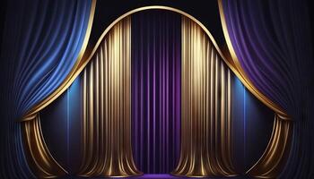 Blue purple Golden Curtain Stage Award Background. Trophy on Red Carpet Luxury Background. photo