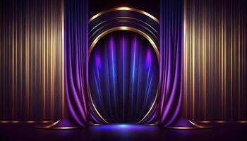 Blue purple Golden Curtain Stage Award Background. Trophy on Red Carpet Luxury Background. photo