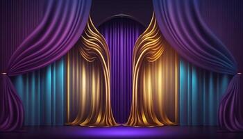 Blue purple Golden Curtain Stage Award Background. Trophy on Red Carpet Luxury Background. photo