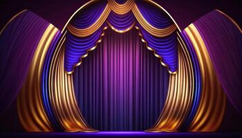 Blue purple Golden Curtain Stage Award Background. Trophy on Red Carpet Luxury Background. photo