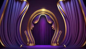 Blue purple Golden Curtain Stage Award Background. Trophy on Red Carpet Luxury Background. photo