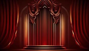 rojo granate dorado cortina etapa premio antecedentes. trofeo en rojo alfombra lujo antecedentes. generativo ai foto