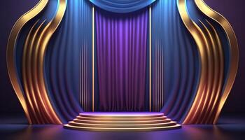 Blue purple Golden Curtain Stage Award Background. Trophy on Red Carpet Luxury Background. photo