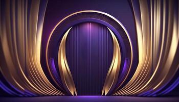 Blue purple Golden Curtain Stage Award Background. Trophy on Red Carpet Luxury Background. photo