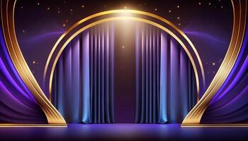 Blue purple Golden Curtain Stage Award Background. Trophy on Red Carpet Luxury Background. photo