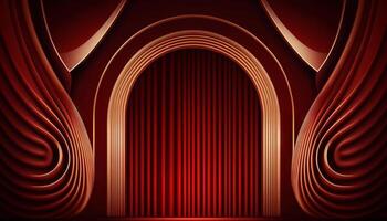 Red Maroon Golden Curtain Stage Award Background. Trophy on Red Carpet Luxury Background. photo