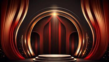 Black Golden Curtain Stage Award Background. Trophy on Red Carpet Luxury Background. photo