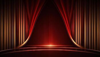 Red Maroon Golden Curtain Stage Award Background. Trophy on Red Carpet Luxury Background. photo